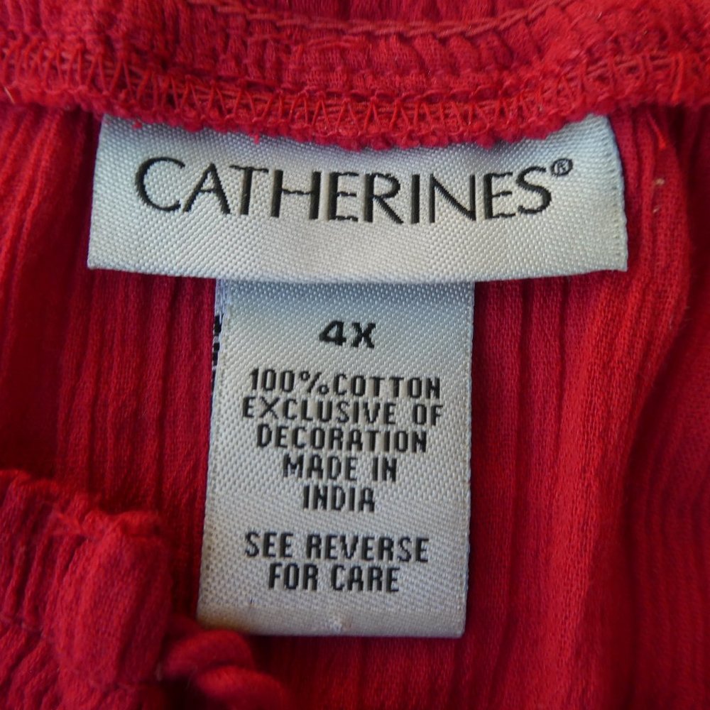 Catherines Red Cotton India Gauze Top Embroidered Keyhole Tie Tassels Smocked 4X - Picture 7 of 8
